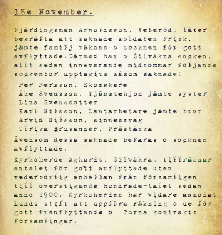 An aged parish record dated 18 November listing the Silvåkra villagers reported missing