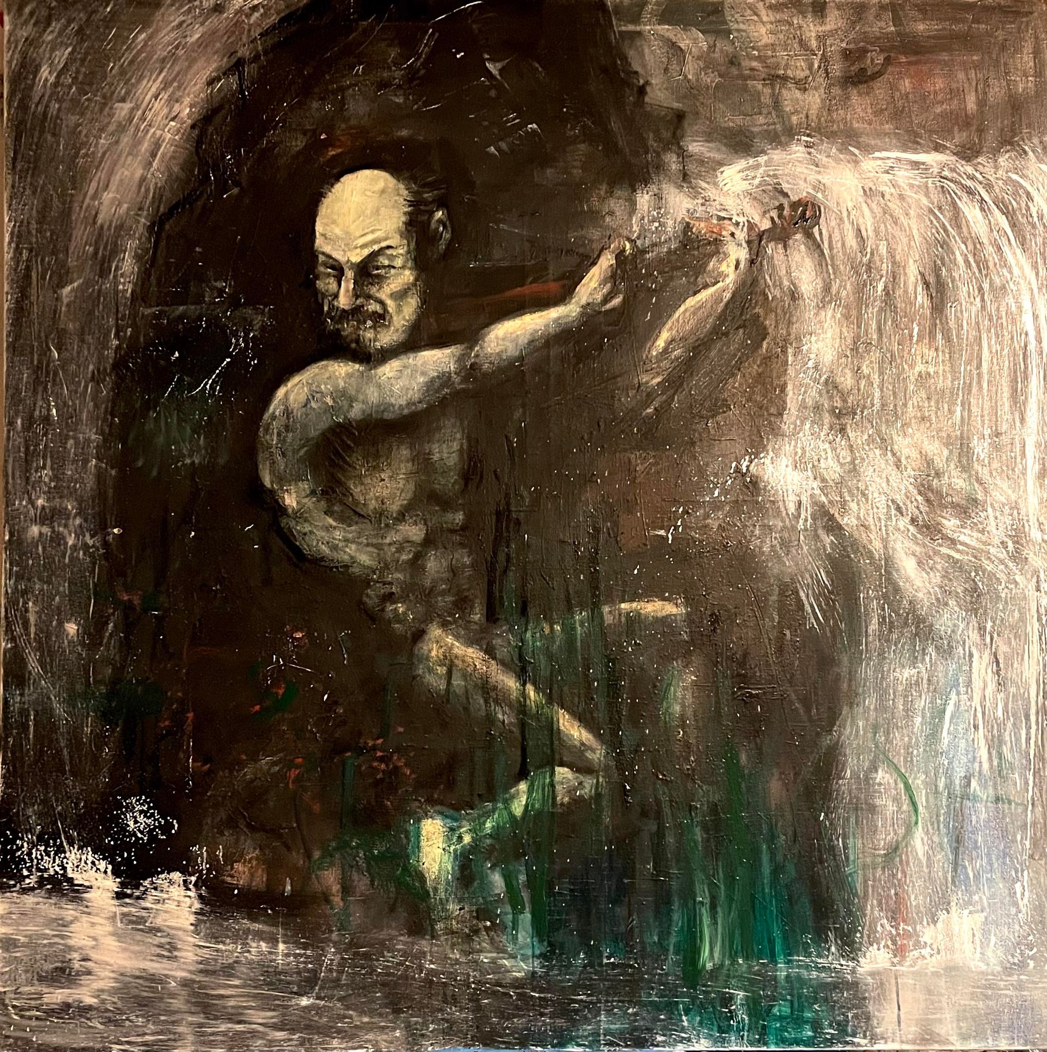 A dark, painterly oil painting of the Nix — a muscular bearded figure emerging from roaring water