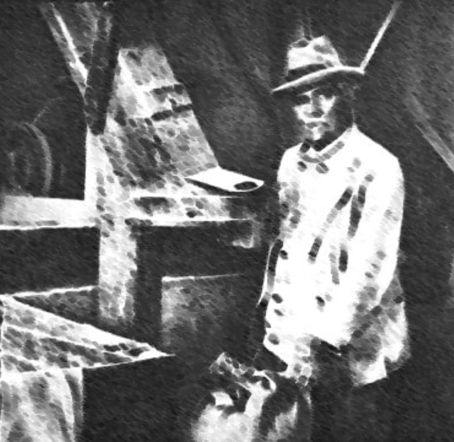 A grainy black-and-white image of the miller in a hat standing beside the windmill’s inner sail mechanism