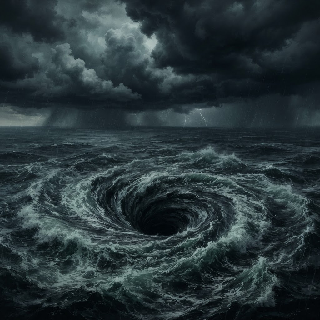 A vast storm-tossed sea spiralling into an enormous black maelstrom